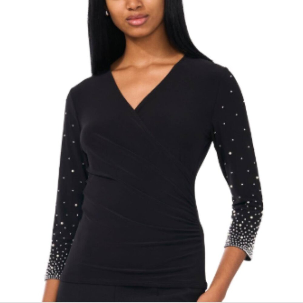 Msk Petite Surplice-Neck Beaded-3/4-Sleeve Faux-Wrap Top - Black